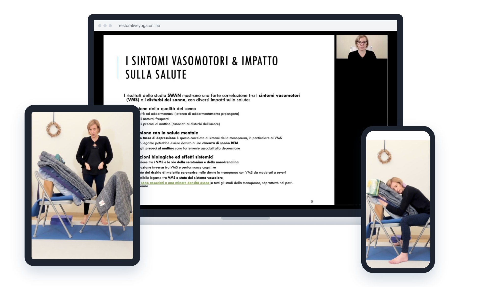 Una slide sui sintomi vasomotori su un computer e due momenti della pratica con due sedie su un tablet e un telefono, dal modulo 4